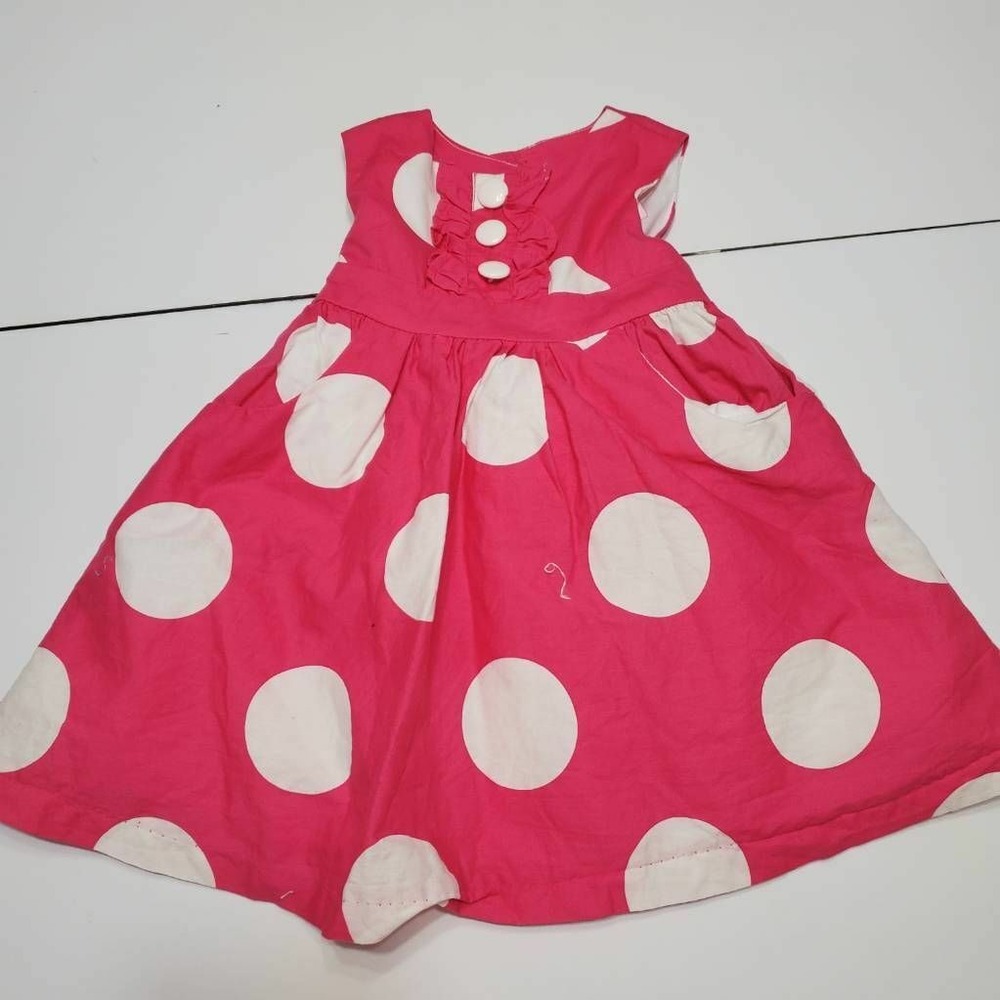 Baby Girls Fit & Flare Dress Pink White Lined Polka Dot Button 100% Cotton 12M
